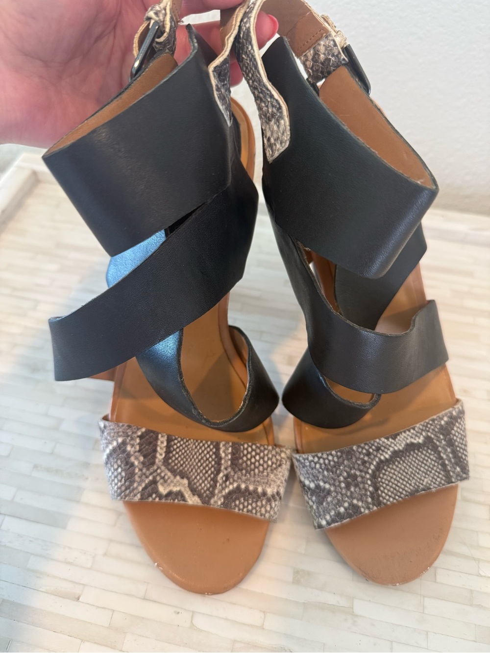 Zara Black Wrap-Strap Heels with Snake-Print Toe Band